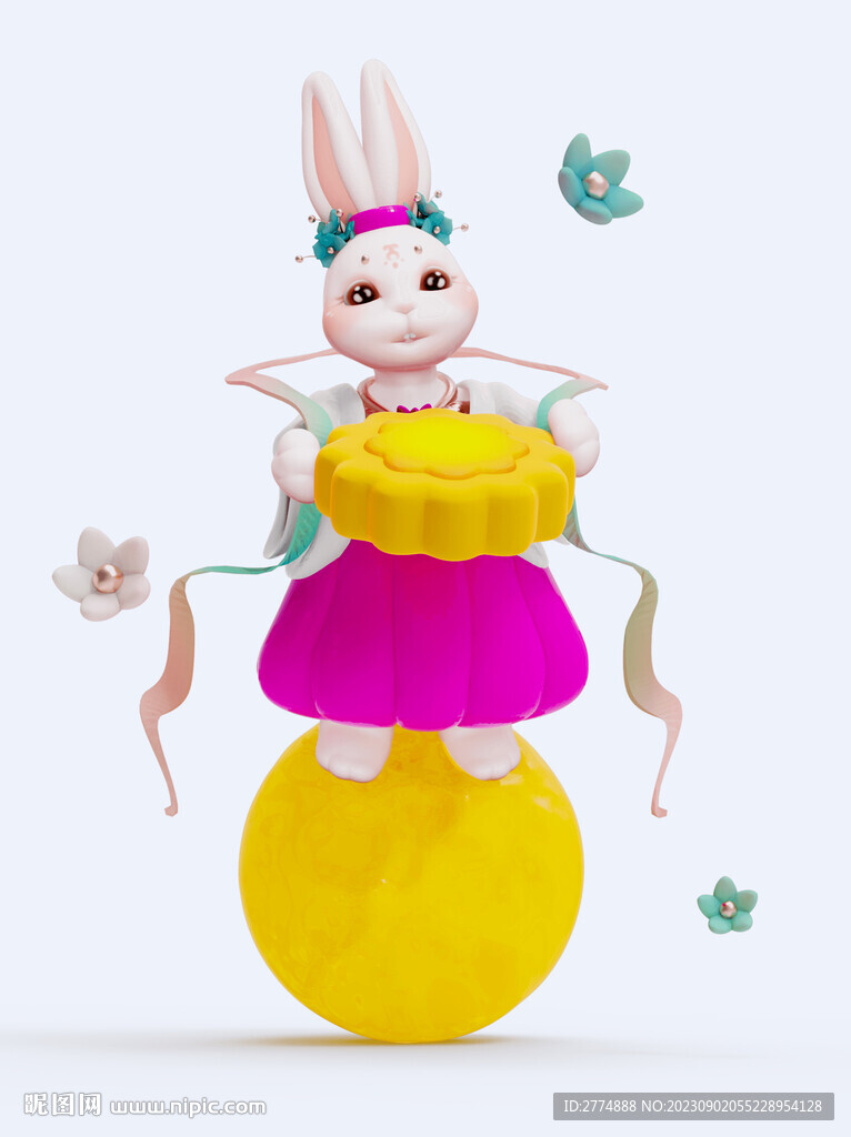 3D抱月饼的仙女小兔子