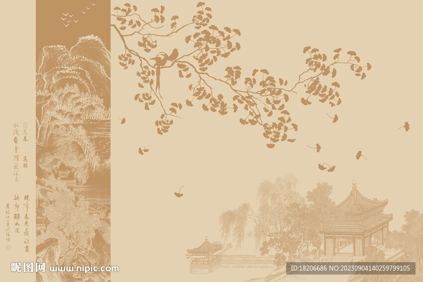 中式花鸟银杏形象墙