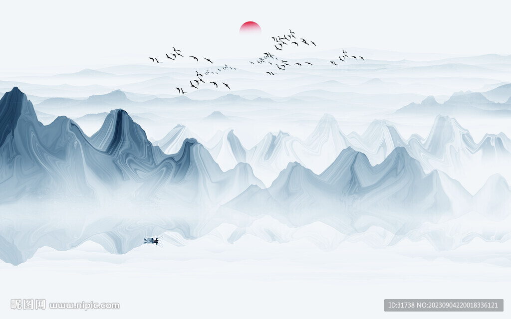 蓝色大气抽象水墨山水画