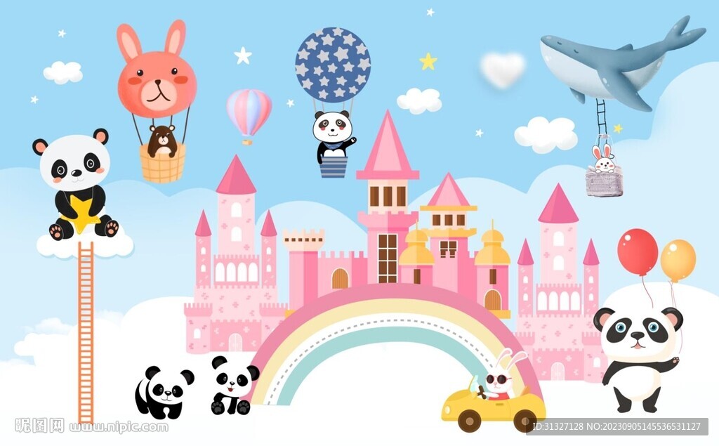 卡通可爱熊猫动物城堡背景墙