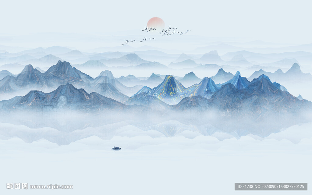 蓝色禅意水墨山水画背景墙
