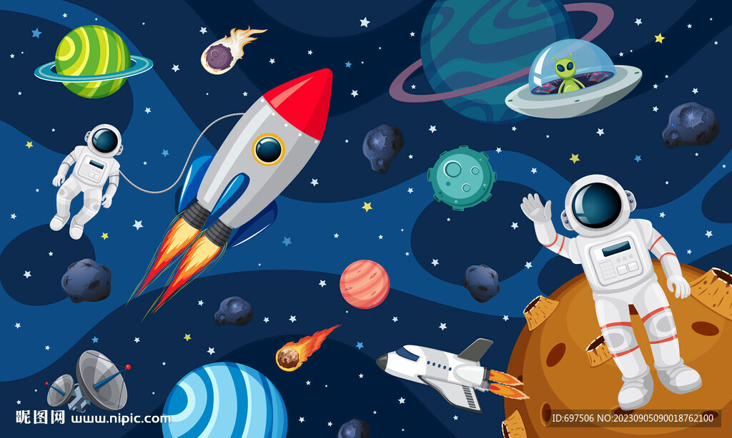 卡通火箭太空宇航员飞碟星球背景
