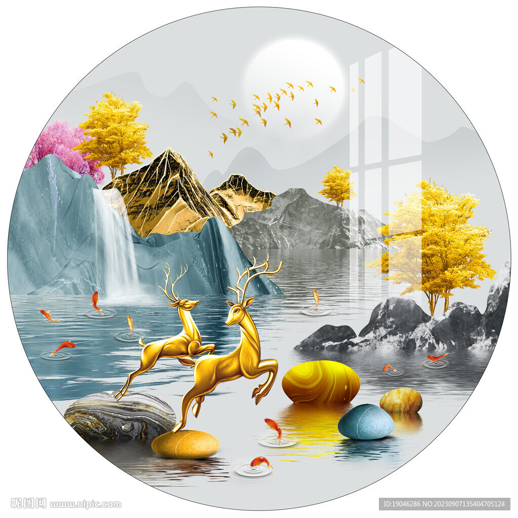 金色麋鹿山水圆形装饰画