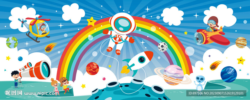 卡通彩虹宇航员太空星球火箭背景