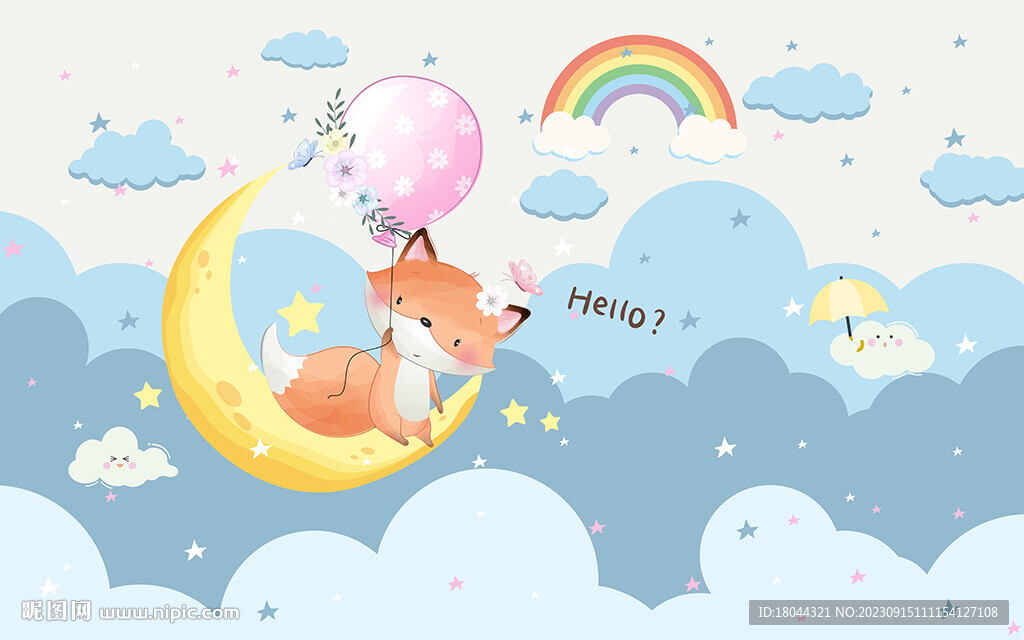 可爱卡通气球小狐狸儿童房背景墙