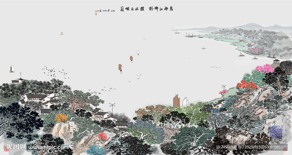 水墨画江南水乡小桥流水