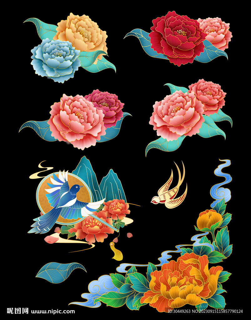 矢量手绘牡丹花素材插画