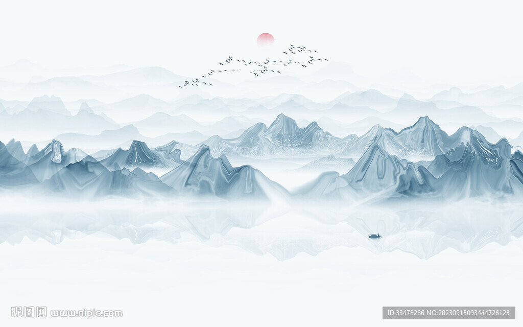 蓝色水墨山水背景墙