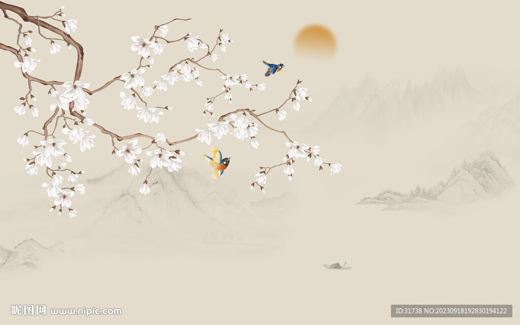 新中式山水工笔花鸟画背景