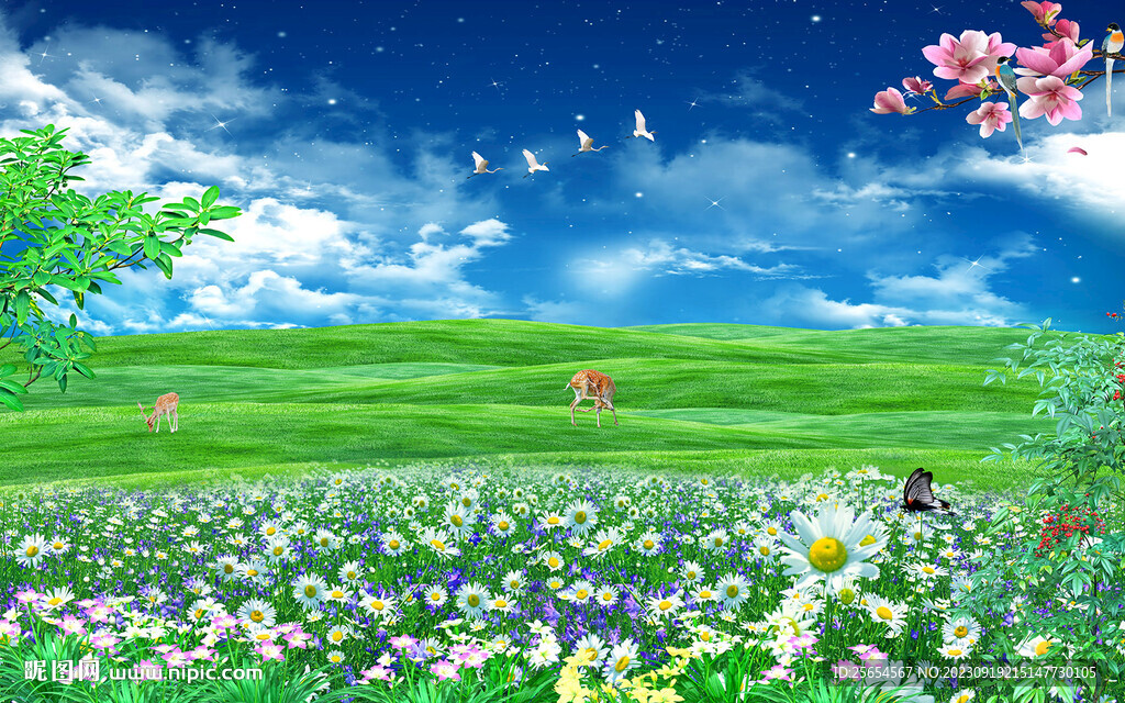 清新天空草地背景墙