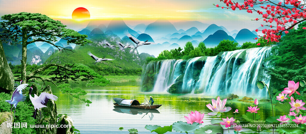 迎客松瀑布山水装饰画