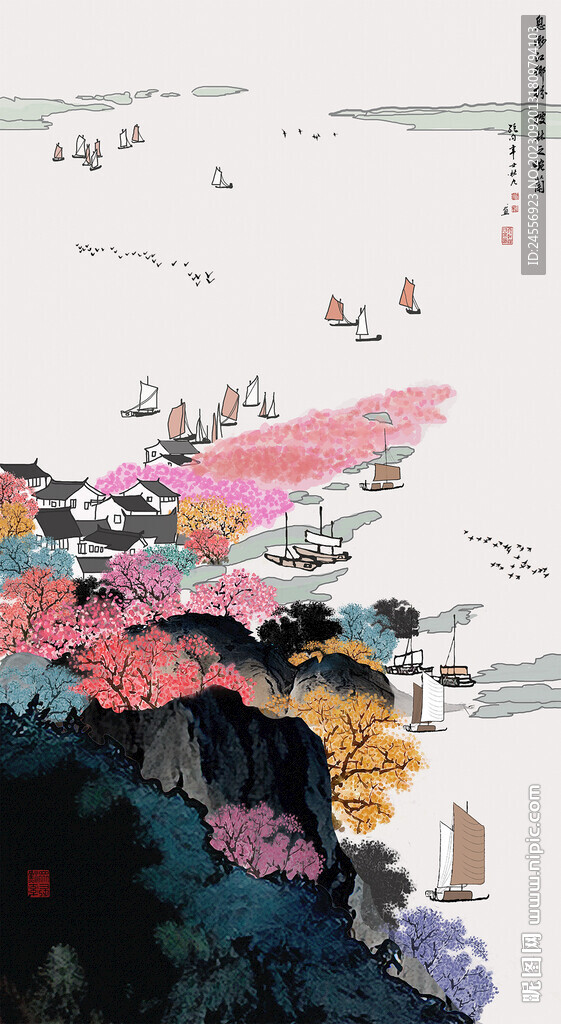 江南水乡小桥流水水墨画