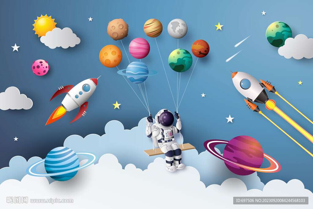立体太空星球卡通宇航员火箭背景