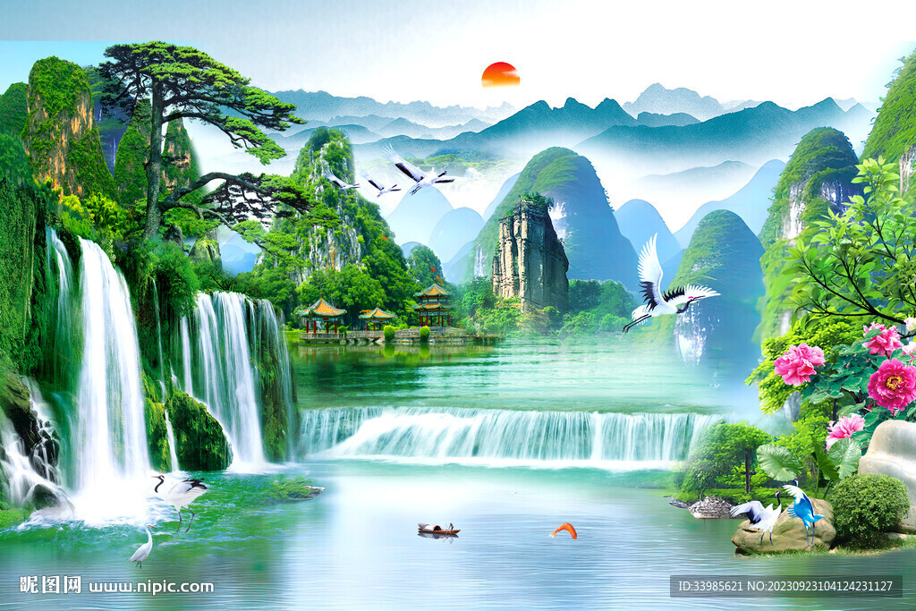 瀑布风景画