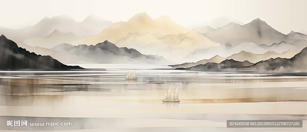 金山背靠大山风景山水画