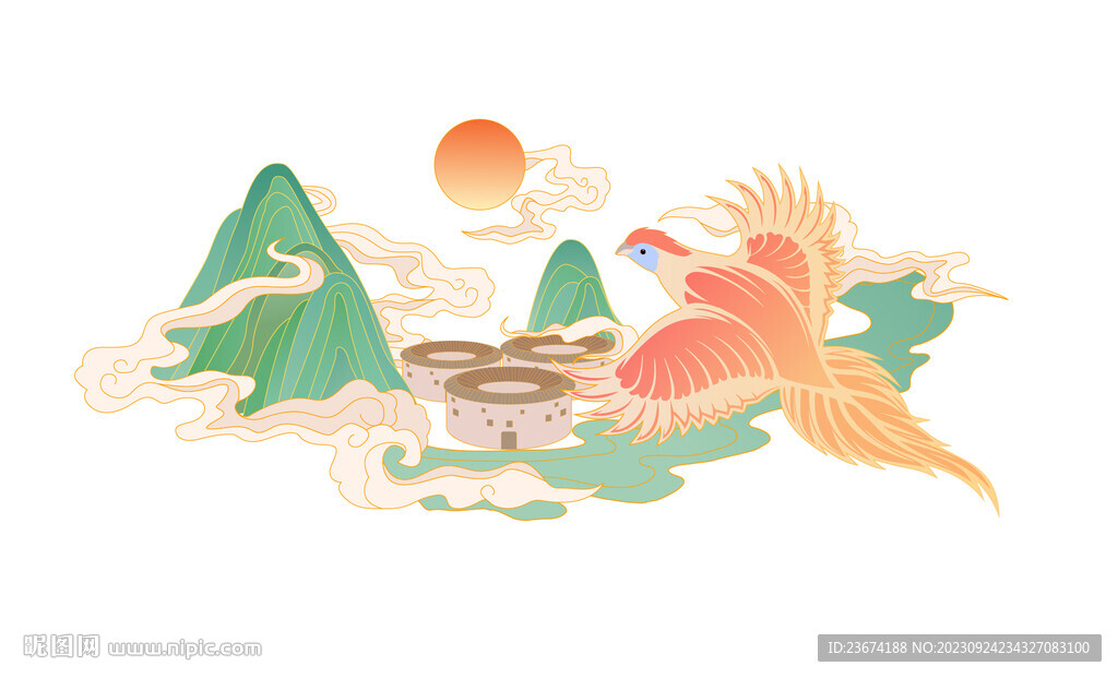 插画黄腹角雉圆形土楼