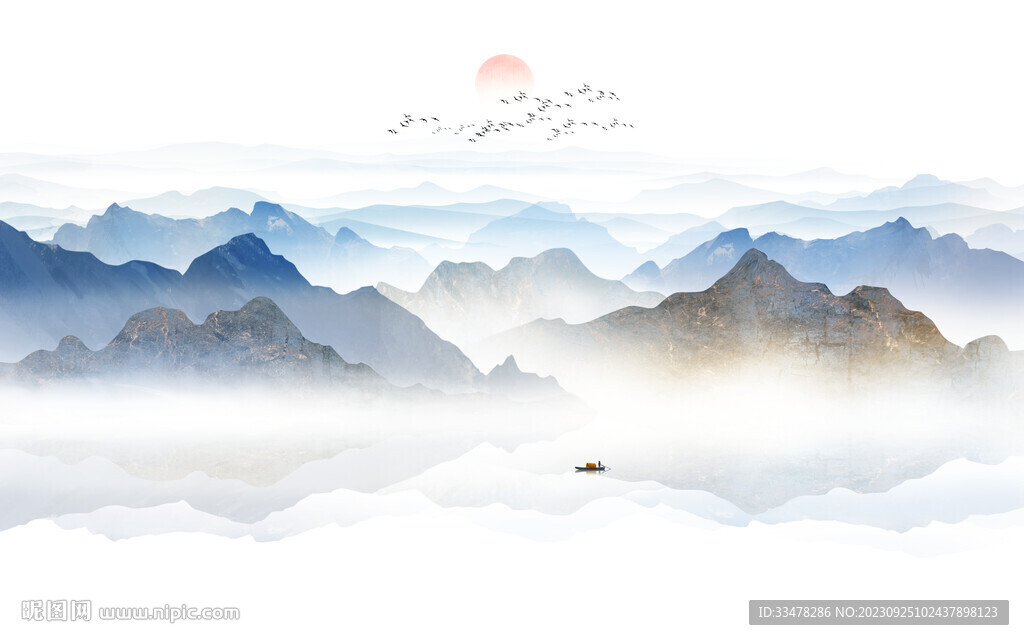 禅意水墨山水画背景墙