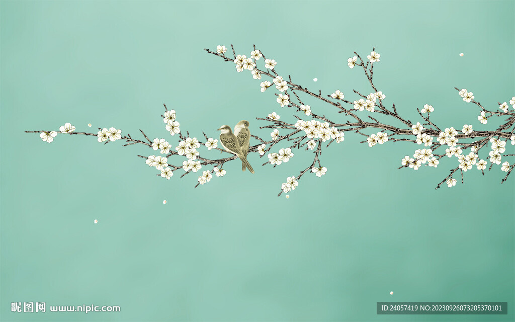 新中式手绘梨花工笔花鸟背景墙