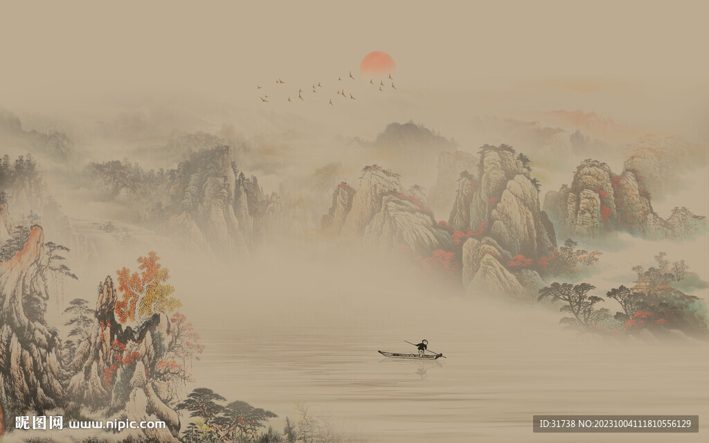 新中式水墨国画山水背景墙壁画