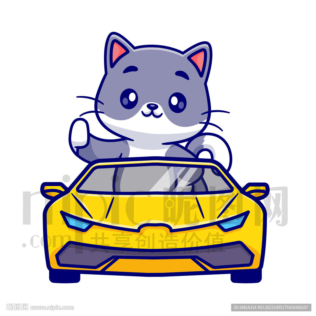 可爱卡通坐小汽车的小猫
