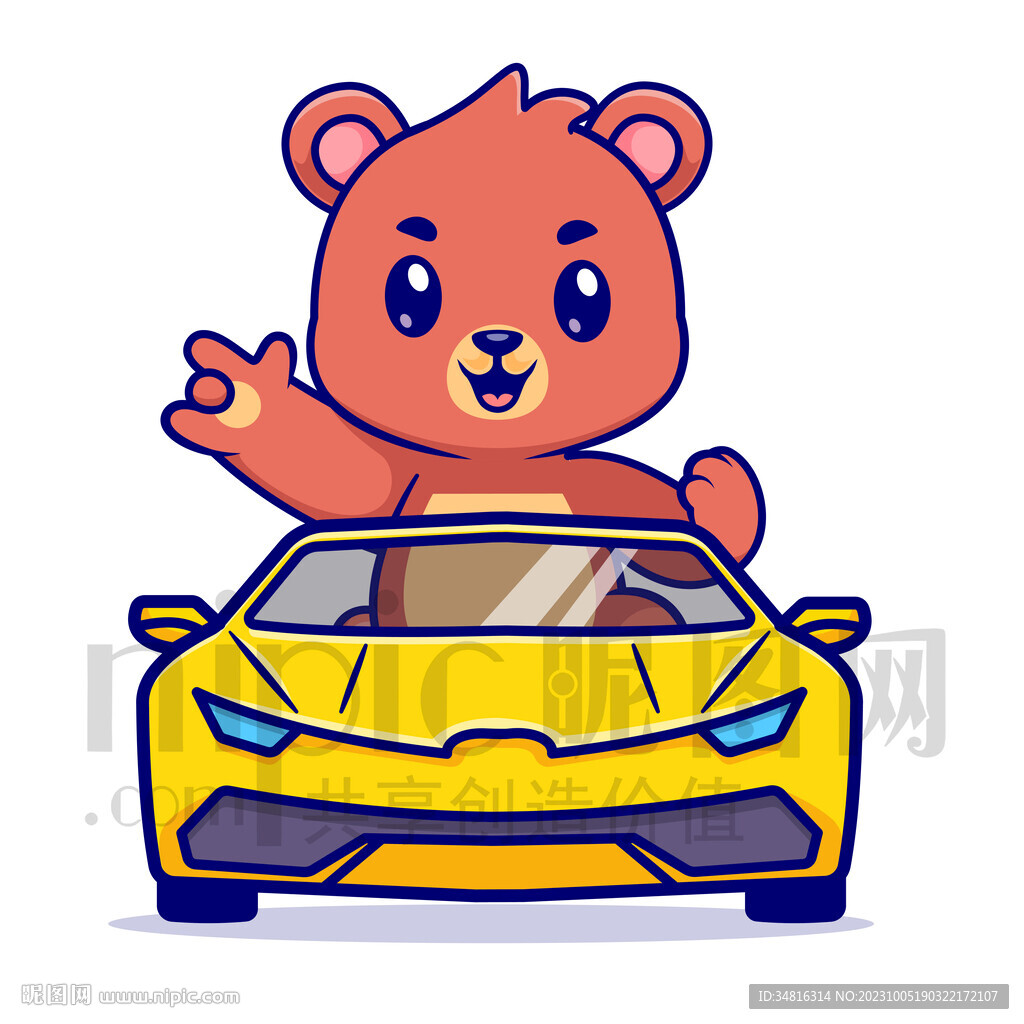 可爱卡通坐小汽车的灰熊