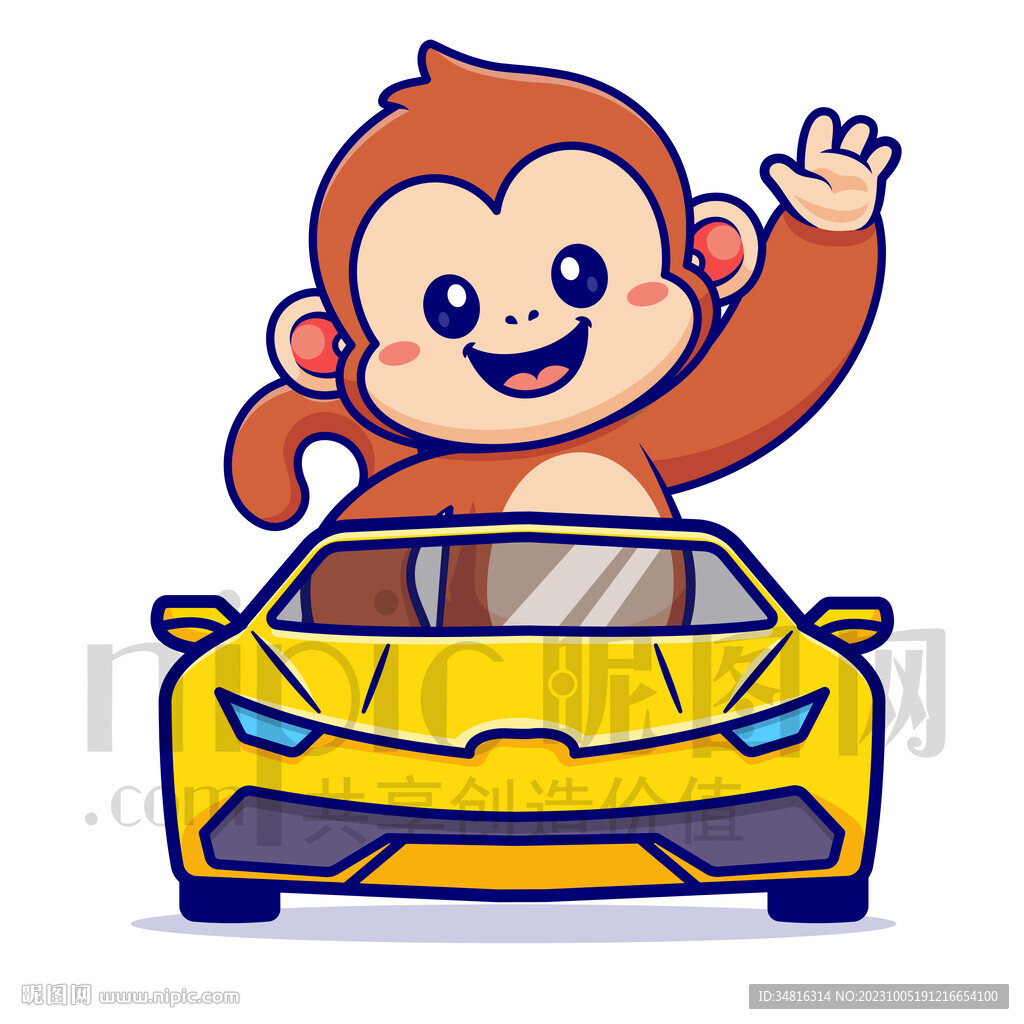 可爱卡通坐小汽车的小猴子