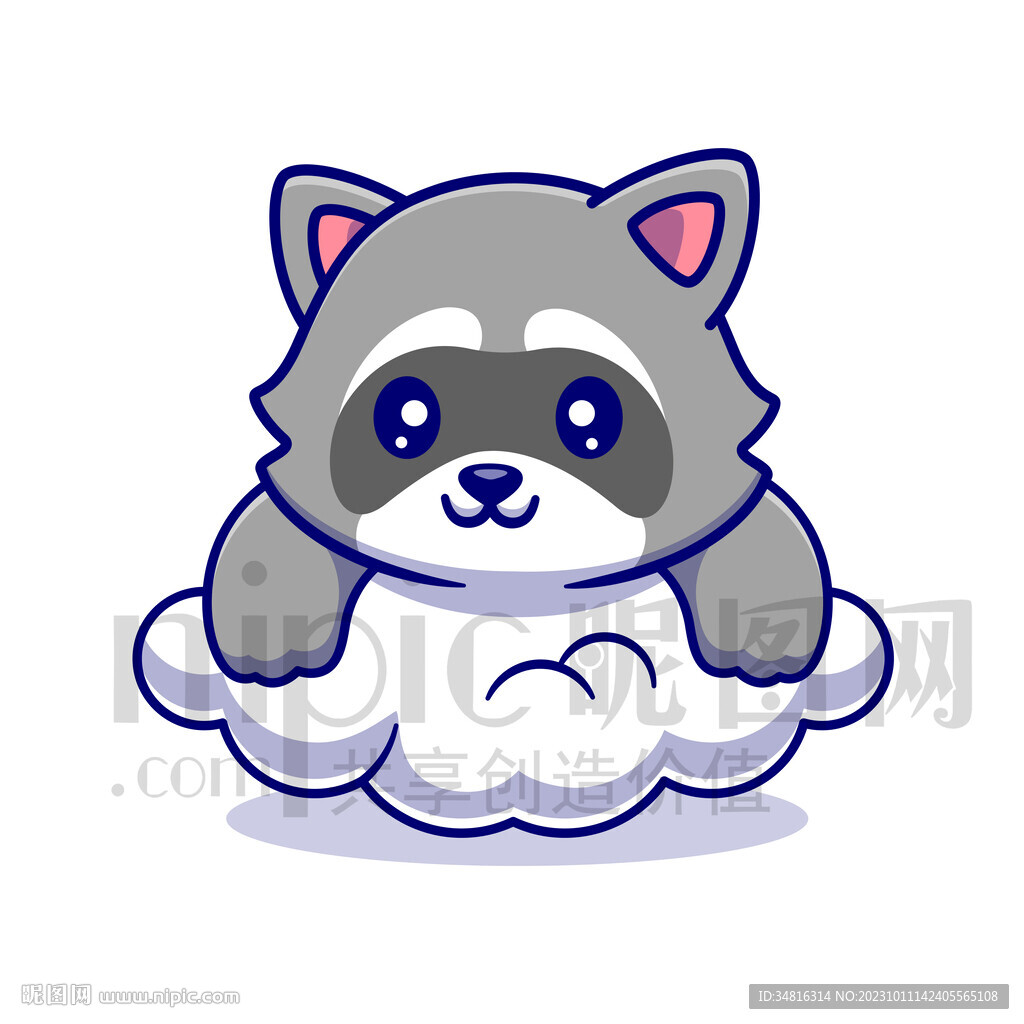 可爱卡通趴在云朵上的小浣熊