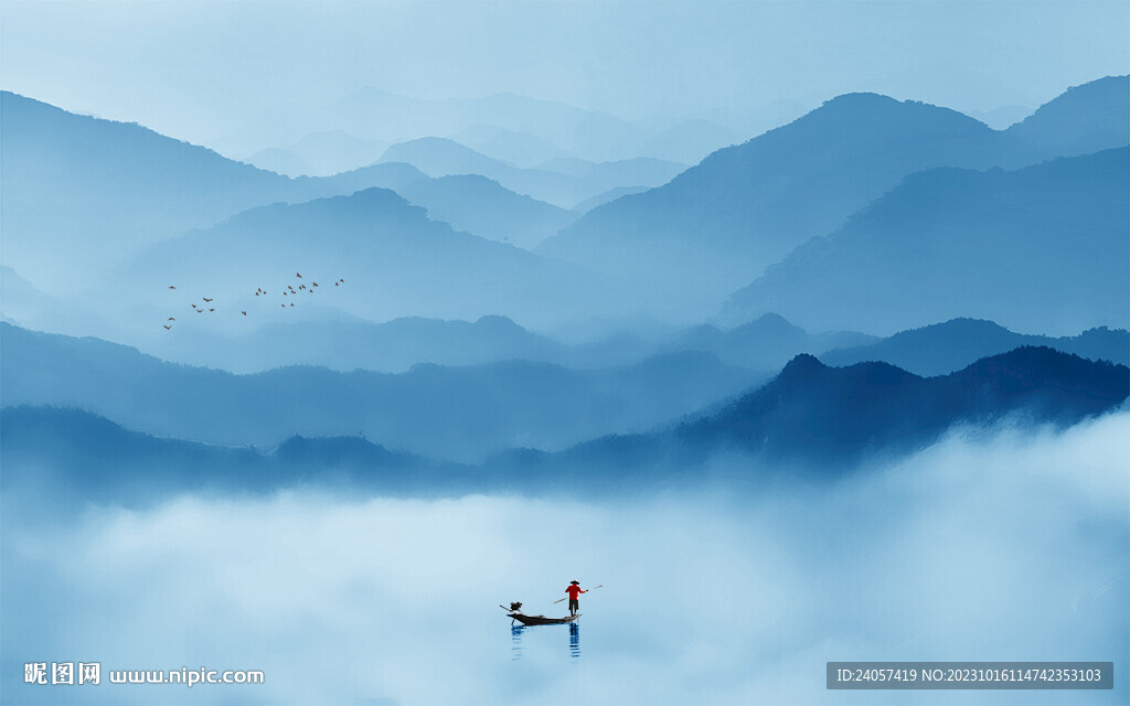 空灵意境山水风景蓝色写意背景墙