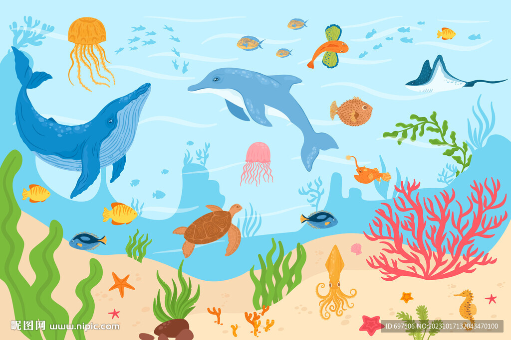 卡通海豚鲸鱼海底珊瑚热带鱼背景
