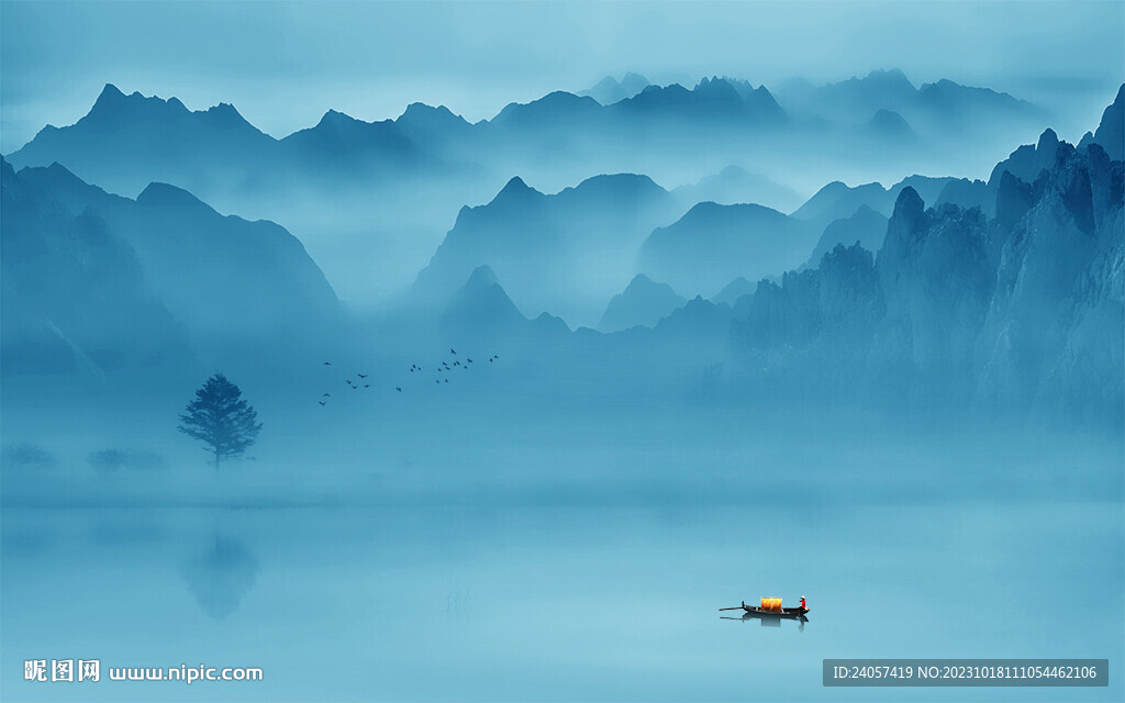 空灵意境山水风景蓝色写意背景墙