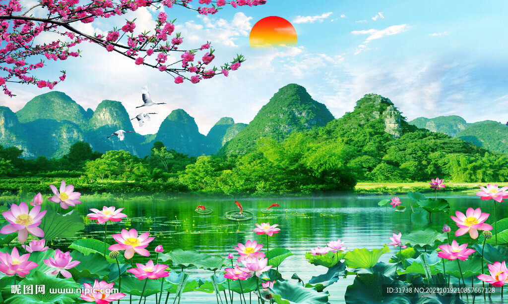 荷花山水风景画