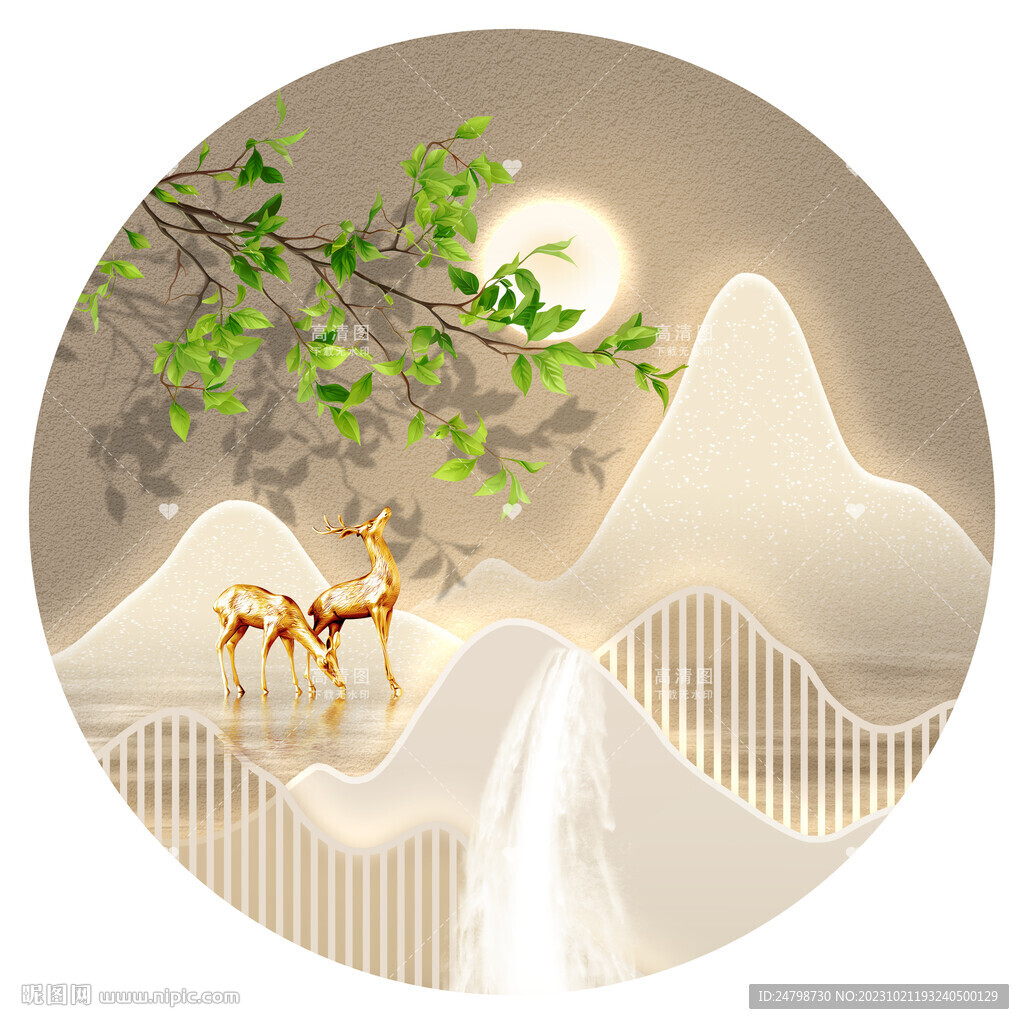 山水麋鹿挂画