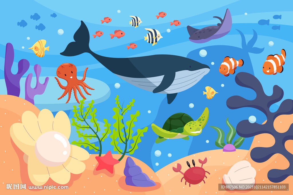 卡通海底世界可爱鲸鱼热带鱼背景