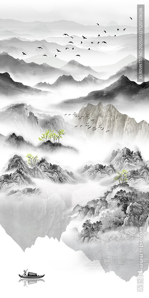 新中式意境山水背景玄关装饰画