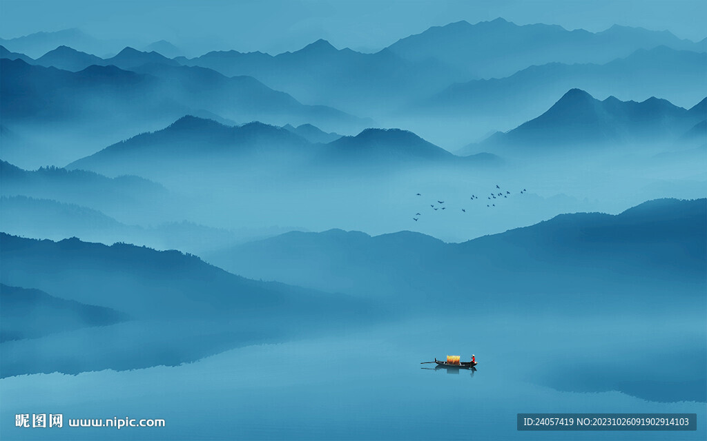空灵意境山水风景蓝色写意背景墙