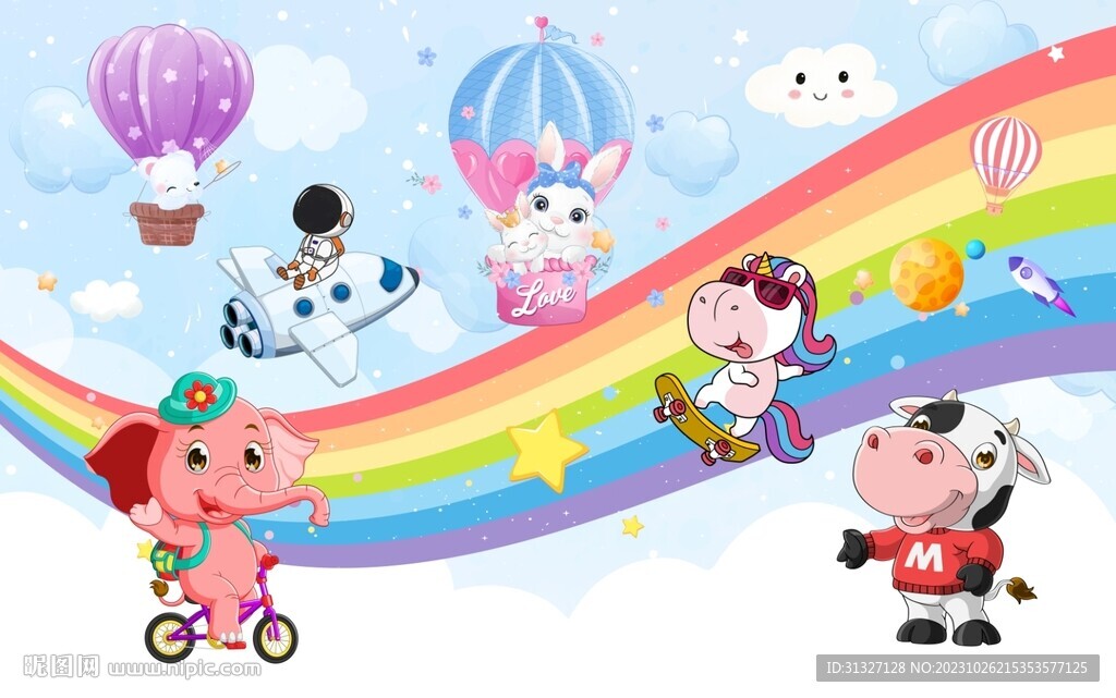 卡通儿童彩虹动物背景墙