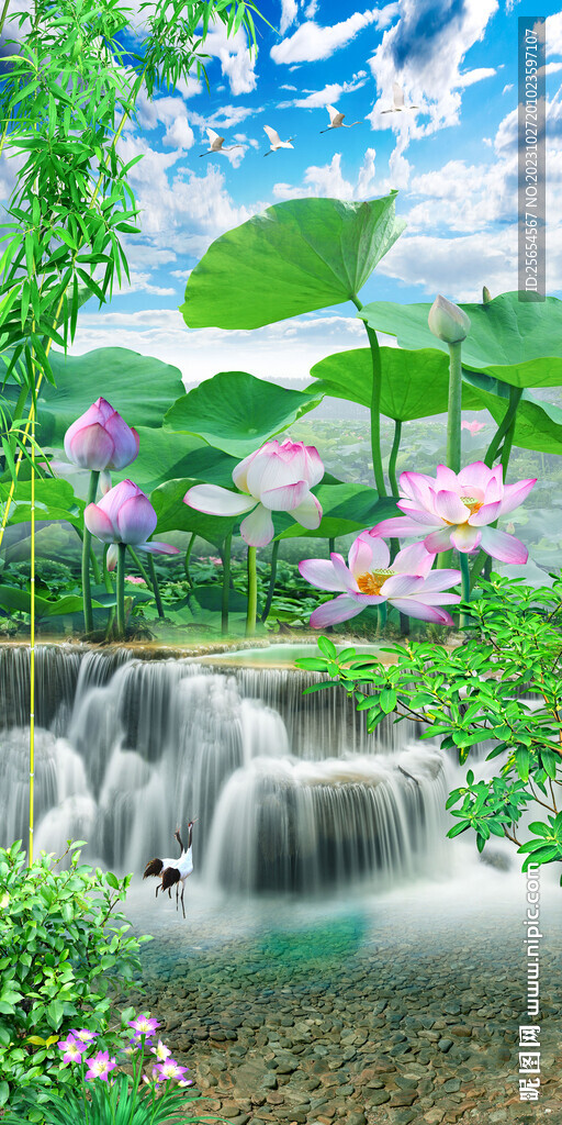 荷花流水玄关壁画