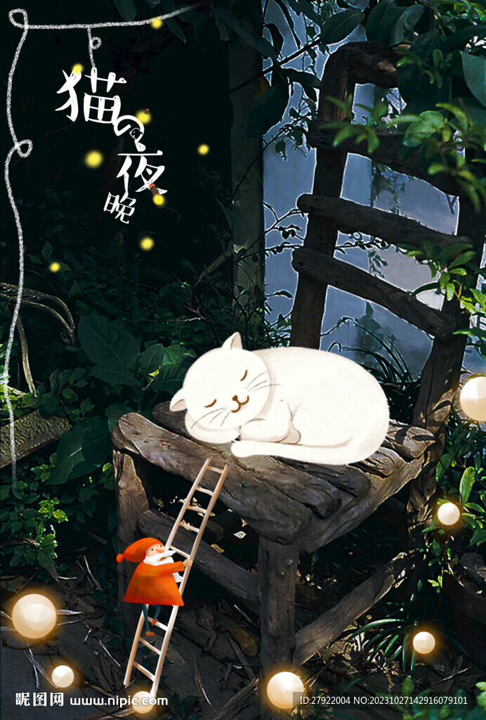 猫夜晚萤火虫万圣节圣诞节清新