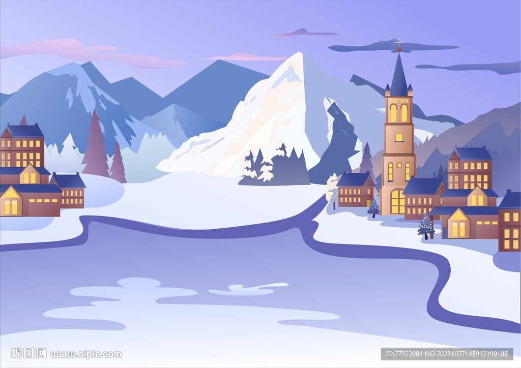 雪山夜晚欧式城堡奇妙夜插画圣诞