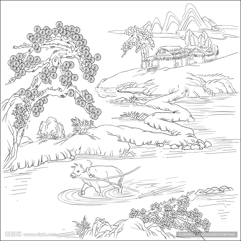 白描古建图