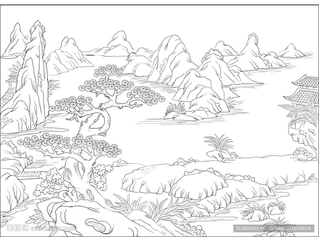 白描古建图