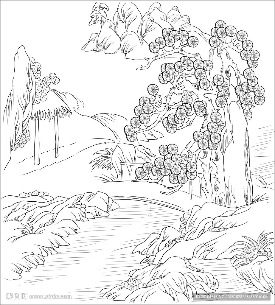 白描山水