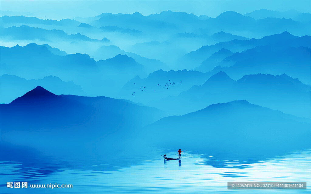 极简空灵意境山水风景蓝色背景墙