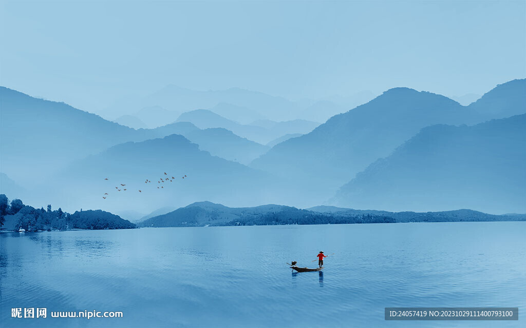 极简空灵意境山水风景蓝色背景墙