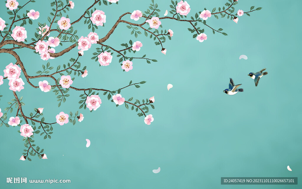 新中式桃花工笔花鸟背景墙装饰画