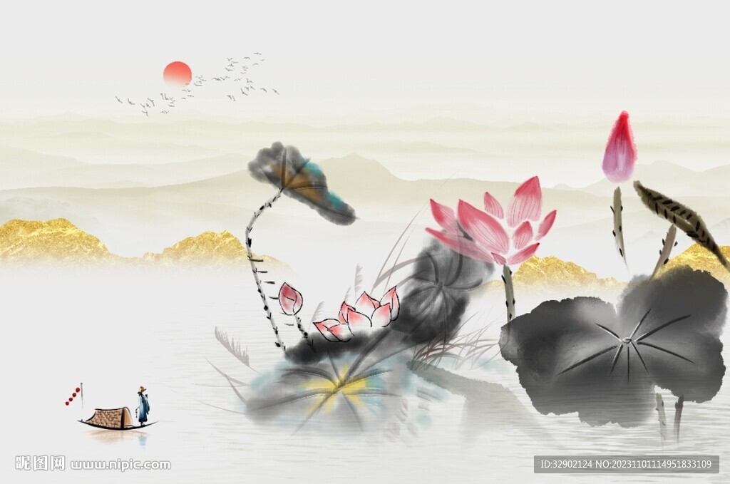 荷花金色山水