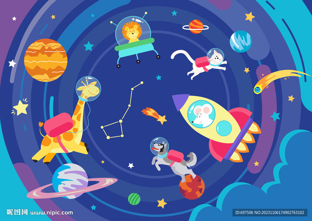 可爱动物宇航员卡通太空星球背景