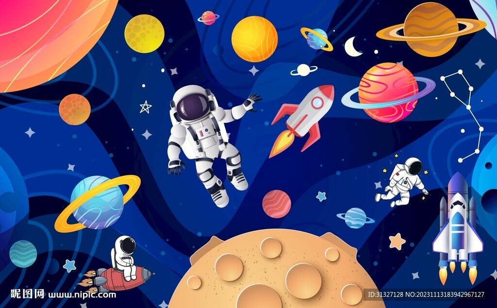 卡通太空人星球背景墙图片