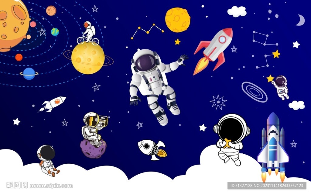 卡通星球宇航员儿童房背景墙