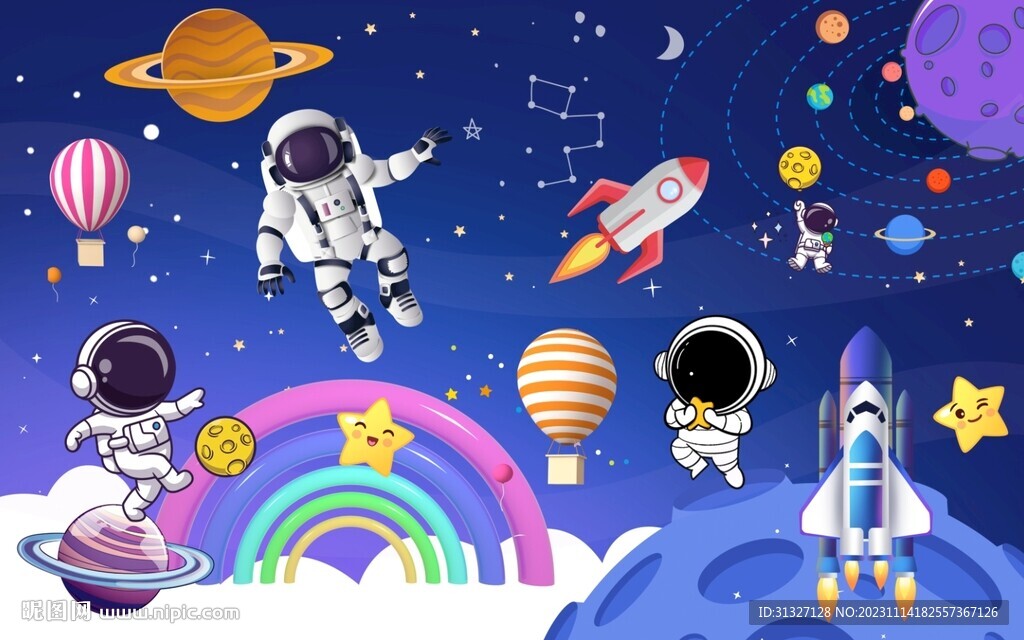 太空人星球儿童背景墙图片